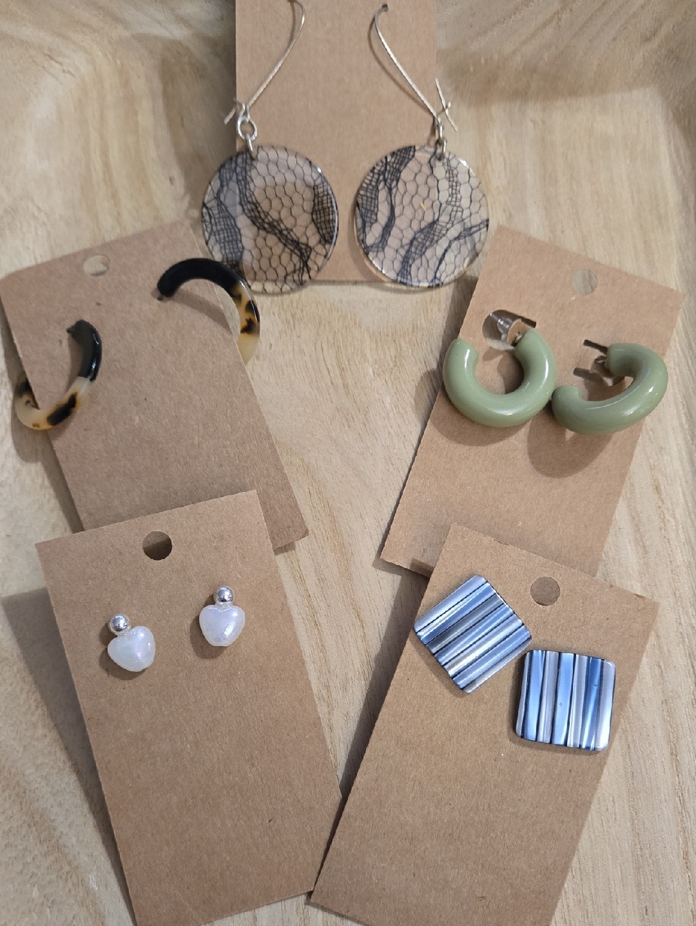 Assorted Earring Set - Green Hoops, Tortoise, Pearl & Striped Studs, Acrylic
